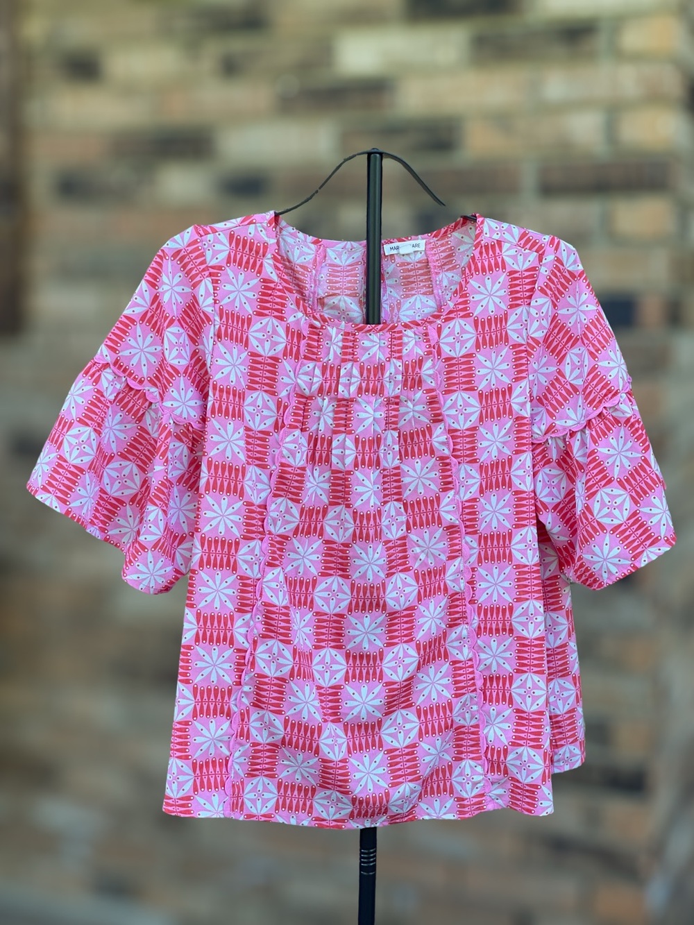 Mary Square Pink Red Geometric Print Ruffle Sleeve Blouse Size Large